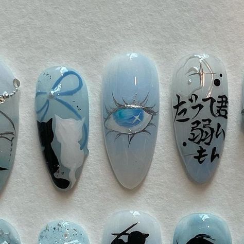 press on nails • nail design art on Instagram: "custom set ; gojo inspired" Gojo Nail Art, Gojo Inspired Nails, Jjk Nails Gojo, Jjk Inspired Nails, Gojo Nails Inspired, Jjk Nails Designs, Overwatch Nails, Jjk Halloween, Gojo Nails