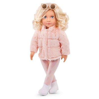 Our Generation 18″ Ava Fashion Doll with Pink Faux-Fur Coat Outfit Faux Fur Coats Outfit, Blonde Hair Types, Og Dolls, Our Generation Doll, Pink Faux Fur Coat, Fur Coat Outfit, Generation Dolls, Light Blue Eyes, Light Blonde Hair