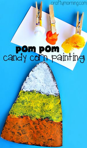 Candy Corn Craft using Pom Poms to Paint #Halloween craft for kids to make! #Fall | CraftyMorning.com Candy Corn Craft, Corn Craft, Candy Corn Crafts, Halloween Art Projects, Halloween Creative, Halloween Crafts For Toddlers, October Crafts, Spooky Art, Halloween Preschool