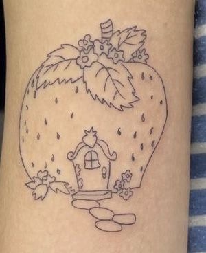 Strawberry Shortcake Tattoo, Strawberry Shortcake House, Kewpie Tattoo, Strawberry House, Strawberry Drawing, Strawberry Tattoo, Mother Nature Tattoos, Children Sketch, Tasteful Tattoos