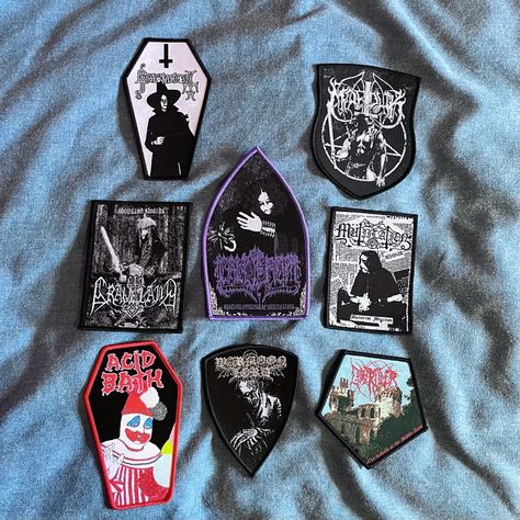 Random metal patches, black metal, sludge metal, grausamkeit bsod acid bath warmoon lord, calderum, godkiller, mütiilation, marduk Black Metal Patches, Battle Jacket Ideas Metal, Metal Band Merch, Metalhead Stickers, Sludge Metal Aesthetic, Acid Bath Band, Metal Band Patches, Metal Lords, Sludge Metal