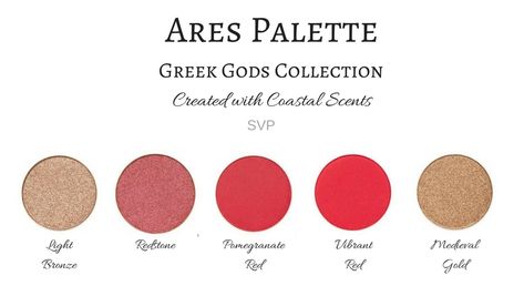 Palette inspired by Greek God Ares Mythology Olympian Created with Coastal Scents Eyeshadow Greek Mythology Colour Palette, Greek God Color Palette, Greek Gods Color Palette, Greek Mythology Color Palette, Greek God Ares, God Ares, Greece Drawing, Hellenic Polytheism, Greek God Costume