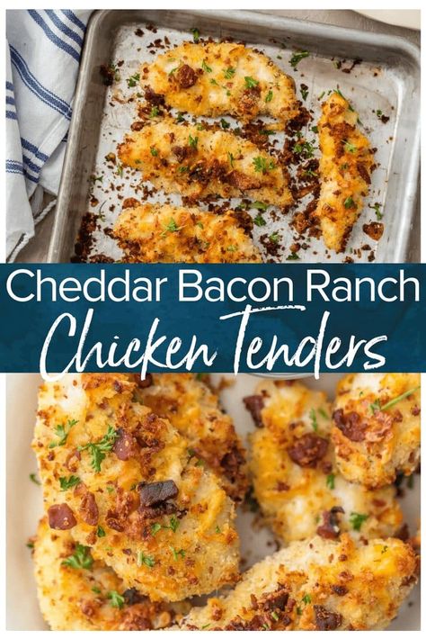 Baked Chicken Tenders are SO CRISPY, so flavorful, and so delicious. These Cheddar Bacon Ranch Chicken Strips are a new favorite for game day! They're coated in ranch, cheese, and bacon, and oven baked to perfection. Ranch Chicken Tenders, Chicken Tender Recipes Baked, Perfect Baked Chicken, Bacon Ranch Chicken, Oven Baked Chicken Tenders, Baked Chicken Strips, Ranch Chicken Recipes, Baked Chicken Recipes Easy, Chicken Ranch