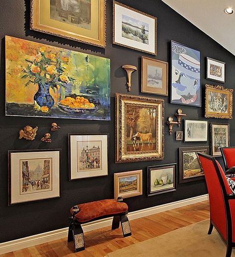 Gallery Wall With Large Painting, Gallery Wall Ideas Dark Wall, Framed Art Collage Wall Ideas, Mixed Wall Art, Classically Eccentric Decor, Large Painting Gallery Wall, Gallery Wall Large Art, Home Art Gallery Wall, Art Gallery Ideas Artwork Display