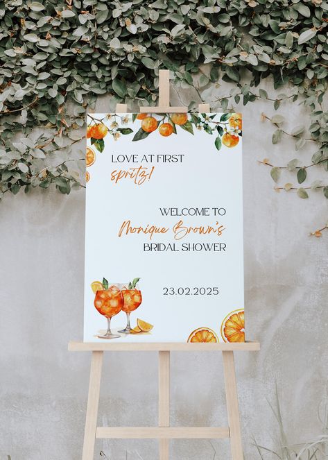 Love at First Spritz Bridal Shower Welcome Sign ------------------------------- Buy three or more items and get 60% OFF! - use code "BUNDLE" ✨ MATCHING ITEMS AVAILABLE HERE: https://www.etsy.com/au/shop/TwoSistersTemplates?ref=shop-header-name&listing_id=1705468468&from_page=listing&search_query=SP1 ---------------------------------- Calling all DIY gals, this template is for you! This bridal shower welcome sign template includes a orange, citrus and aperol artwork for a summer spritz theme. It Aperol Spritz Engagement Party, Bridal Shower Aperol Spritz, Spritz Themed Bridal Shower Ideas, Aperol Themed Bridal Shower Ideas, August Bridal Shower Themes, Love At First Spritz Bridal Shower Theme, Spritz Bridal Shower Theme, Aperol Spritz Bridal Shower Theme, Aperol Spritz Party Theme