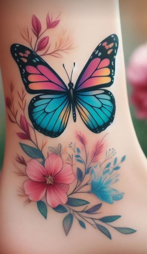 Tattoo Color Mujer, Butterfly Tattoo Colorful, Colourful Butterfly Tattoo, Flowers Tattoos For Women, Butterflies Tattoo Designs, Nail Butterflies, Wallpapers Butterflies, Tattoo Designs Butterfly, Hairstyle Butterfly