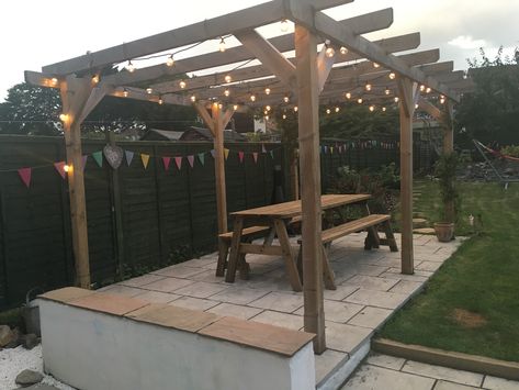 Pergola with festoon lights Festoon Lights Pergola, Lighting Layout, Townhouse Garden, Wooden Terrace, Small Patio Garden, Garden Canopy, Pergola Lighting, Back Garden Design, Diy Backyard Landscaping