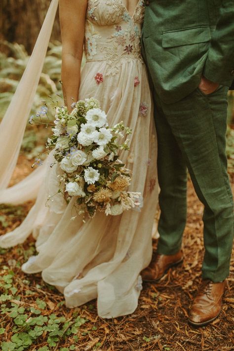 The bride wore a custom floral wedding dress for this Nature-inspired elopement in the Redwoods! Forest wedding ceremony and Pacific views! #gws #greenweddingshoes #floralweddingdress #elopements #redwoods Forest Wedding Dress, Redwoods Elopement, Cottage Core Wedding, Nature Wedding Dress, Forest Wedding Ceremony, Inspired Wedding Dress, Cottagecore Wedding, Forest Theme Wedding, Enchanted Forest Wedding