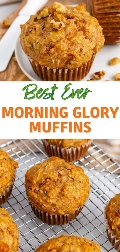 Morning Glory Muffins are loaded with carrots, coconut, walnuts, apples, zucchini, and just the right amount of spice and are the perfect grab-and-go breakfast or snack. Muffins Morning Glory, Healthy Easy Breakfast, Morning Glory Muffins Recipe, Glory Muffins, Simple Bread, Keto Muffins, Morning Glory Muffins, Packed Lunches, Homemade Muffins