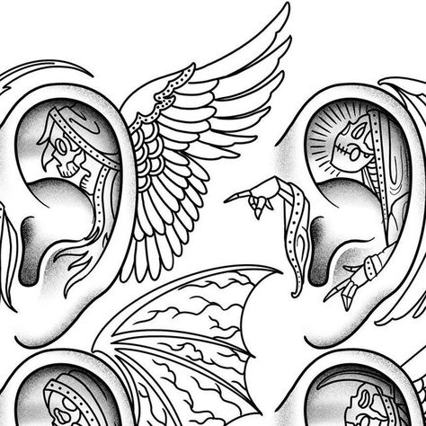 Grim Reaper Ear Tattoo, Ear Tattoo Design For Men, Angel Ear Tattoo, Traditional Ear Tattoo, Demon Whispering In Ear Tattoo, Angel Whispering In Ear Tattoo Design, Ear Tattoo Men, Ear Tattoos For Men, Tattoo Ear