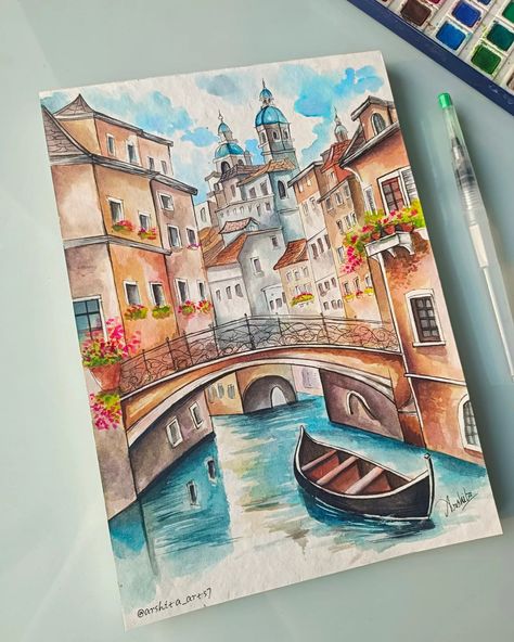 𝑺𝒂𝒊𝒍𝒊𝒏𝒈 𝒕𝒉𝒓𝒐𝒖𝒈𝒉 𝒕𝒉𝒆 𝒉𝒆𝒂𝒓𝒕 𝒐𝒇 𝑽𝒆𝒏𝒊𝒄𝒆 🌊🛶 . . Material -: Paint - Watercolor Paper- A4 Watercolor Torchon 300gsm paper from @scholar_art @scholarestore . . Entry for #scholarxaquatone Theme - Rustic Hosted by @scholar_art @aquatoneartistmaterials Entry for #mangowatercolourmonth Prompt - Seascape or Landscape Hosted by @mangoartandstationery Entry for #wwmwithch Theme - Urban Wonders Prompt - River & Bridge Hosted by @creativehandsartmaterials Entry for #worldwatercolormonthwithbandc T... Landscape Green Aesthetic, Italy Painting Easy, Painting Easy Watercolor, Cottage Core Painting, Tiktok Painting, Watercolor Art Floral, Watercolor Italy, Watercolor Painting Easy, City Watercolor