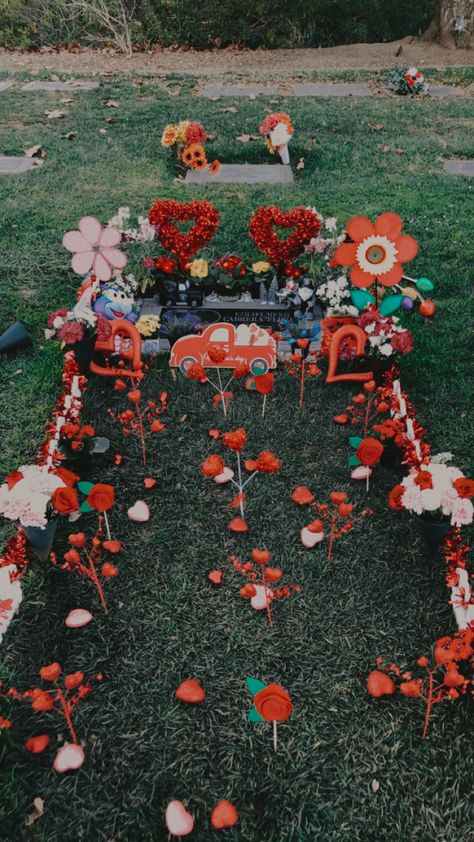 Valentine’s Day decoration for my sons gravesite. He looks so cute. Valentines Cemetary Decorations, Valentines Day Grave Decorations, Valentines Grave Decor, Grave Birthday Decorations, Valentine Grave Decorations, Graveyard Decorations For Loved Ones, Grave Site Ideas Diy, Gravesite Ideas, Grave Ideas