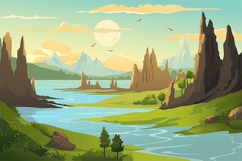 Background River Valley River Animation, Communist Poster, River Background, Zambezi River, Background Drawing, Cartoon Background, River Valley, Random Art, Japanese Art