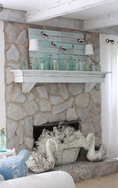 Stone Fireplace Painting Guide Whitewash Stone Fireplace, Painted Stone Fireplace, Stone Fireplace Makeover, Fireplace Redo, Fireplace Update, Stone Decoration, Brick Fireplace Makeover, Paint Fireplace, Rock Fireplaces