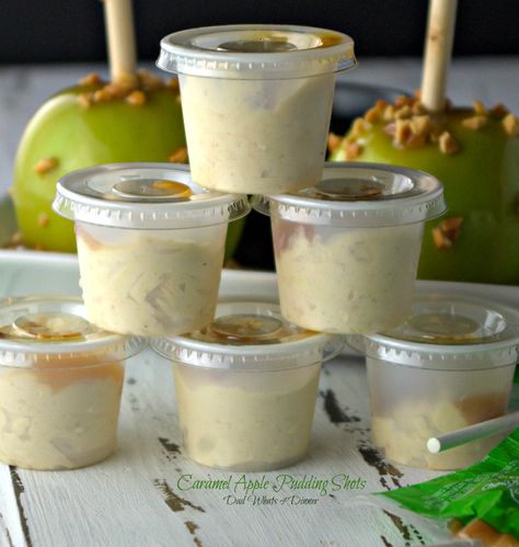 Caramel Apple Pudding Shots are perfect for your fall parties or tailgating.. Apple Pie Pudding Shots Recipe, Apple Pie Pudding Shots, Apple Pudding Shots, Caramel Apples Ideas, Caramel Apple Pudding, Pudding Shot Recipes, Alcohol Shots, Jello Shooters, Jello Pudding Shots