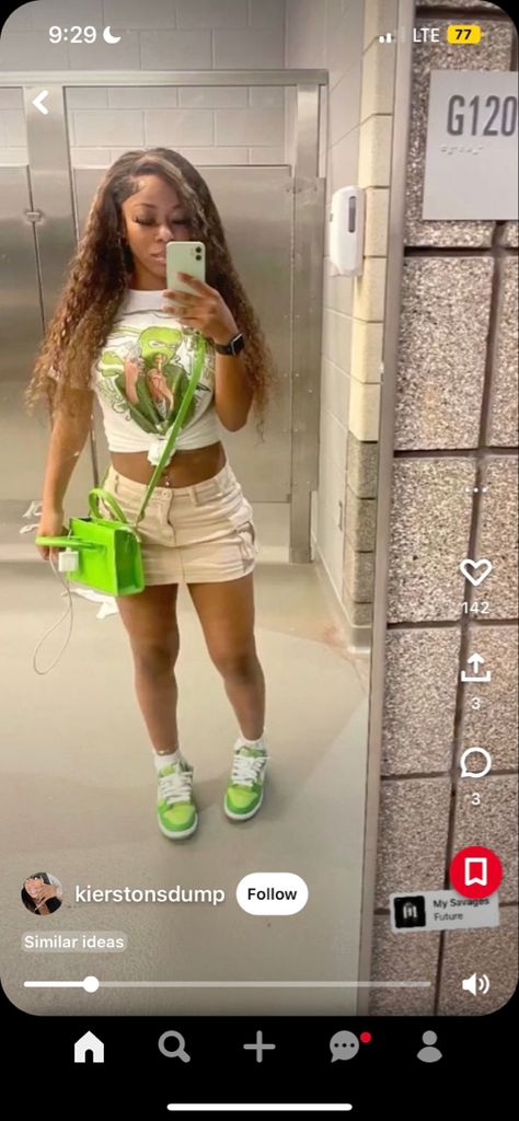 Chorphyl Dunks Outfit, Cargo Skirt With Dunks, Mini Skirt And Dunks Outfit, Lime Green Dunks Outfit, Outfits For Green Dunks, Lime Ice Dunks Outfits, First Day Of School Fits Baddie, Chrophyl Dunks Outfit, Grey Fog Dunks Outfit Black Women