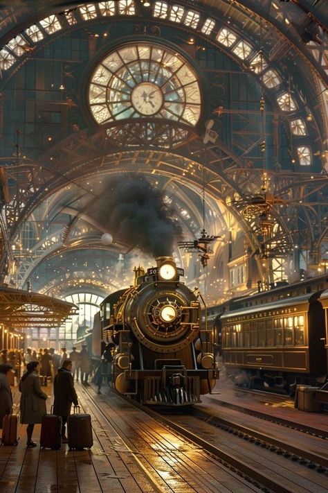 Old Trains Aesthetic, Steam Punk Background, Old Train Station Aesthetic, Vintage Train Aesthetic, Steampunk Train Station, Train Station Aesthetic, Fantasy Train, Steampunk Train, Steampunk City