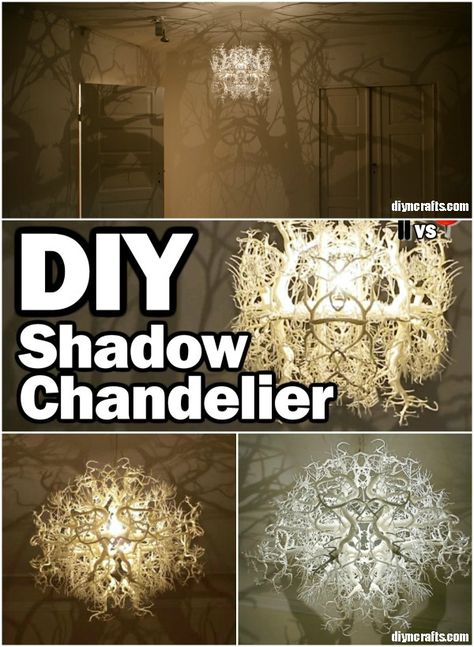 Imagine lying in bed, looking up at the ceiling and feeling as if you are outside. That is exactly what you can do with this amazing DIY chandelier that makes it look as if there are trees surrounding you while you sleep. Shadow Chandelier, Luminaria Diy, Diy Luminaire, Koti Diy, Driftwood Furniture, Diy Lampe, Outdoors Inside, Deco Nature, Deco Luminaire