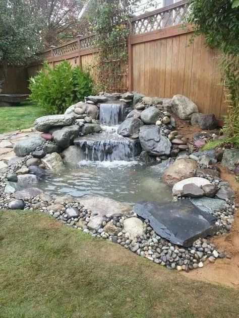 Pond With Waterfall, Small Backyard Ponds, Diy Ponds Backyard, Kolam Air, Kolam Koi, Fish Pond Gardens, Backyard Pond, Garden Pond Design, Outdoor Ponds