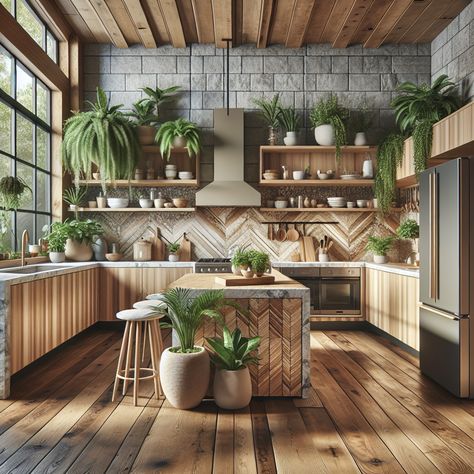 It should include kitchen essentials like a refrigerator, stove, and dishwasher seamlessly blending into the design. Add a central island for extra counter space, adorned with lush indoor plants to amplify the natural theme. Include a large window letting in plenty of sunlight to naturally illuminate the room. The color palette should be dominated by earthy tones to set a warm and welcoming ambiance. Small Craft Room Ideas, Organic Modern Kitchen, Earthy Kitchen, Craft Room Ideas, Classic Bathroom Design, Natural Twist, Small Craft Rooms, Modern Appliances, Rustic Kitchen Design