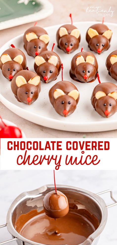 cherry mice Hot Chocolate Toppings Bar, Christmas Finger Food Ideas For Parties, Cherry Mice, Adults Christmas Party, Christmas Party Dessert, Christmas Dessert Platter, Christmas Party Finger Foods, Easy Christmas Treat, Christmas Themed Desserts