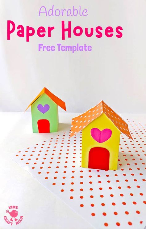 This adorable 3D PAPER HOUSE CRAFT is super cute as a Valentine’s Day craft, fairy house craft or simply for fun at any time of the year! These paper houses are really easy to make with the free printable template. #kidscraftroom #papercrafts #paperhouse #printablecrafts #kidscrafts #fairyhouse #fairygarden #fairycrafts #origami Handmade House Crafts, My House Crafts Preschool, Preschool House Craft, 3d House Craft, House Craft Preschool, Paper House Craft, Diy Paper House, House Paper Craft, Paper House Diy