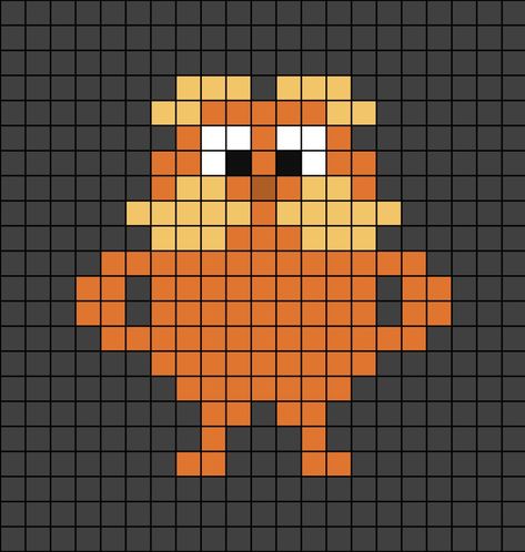 A pixel art template of the Lorax character. Turkey Pixel Art, Lorax Perler Beads, Cute Pearler Beads Ideas Easy, Books Pixel Art, 20x20 Pixel Art, Mha Pixel Art, Pixel Drawing Easy, Movie Pixel Art, Grunge Pixel Art