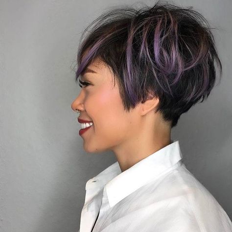 Get this Hairstyle: - Messy Graduated Pixie on Black Hair with Purple Highlighted Fringe Black Hair With Purple, Hair With Purple, Graduated Bob Hairstyles, Purple Hair Highlights, Purple Highlights, Black Hair With Highlights, Dark Hair With Highlights, Fresh Hair, Happy Hair