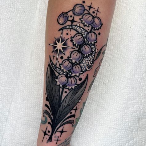 lilly of the valley//may • thank you, Lilly ! #lillyofthevalley 🖤 | Instagram Lily Of The Valley Tattoo, Valley Tattoo, Purple Tattoos, Traditional Tattoo Designs, Insect Tattoo, Doodle Tattoo, Botanical Tattoo, American Traditional Tattoo, American Traditional