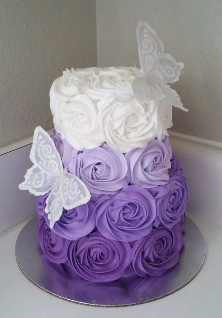 Purple Ombre Cake Buttercream rosettes with non edible butterflies Ombre Rosette Cake, Mini Torte, Rosette Cake, Purple Cakes, Ombre Cake, Butterfly Cakes, Rose Cake, Cupcake Cake, Gorgeous Cakes