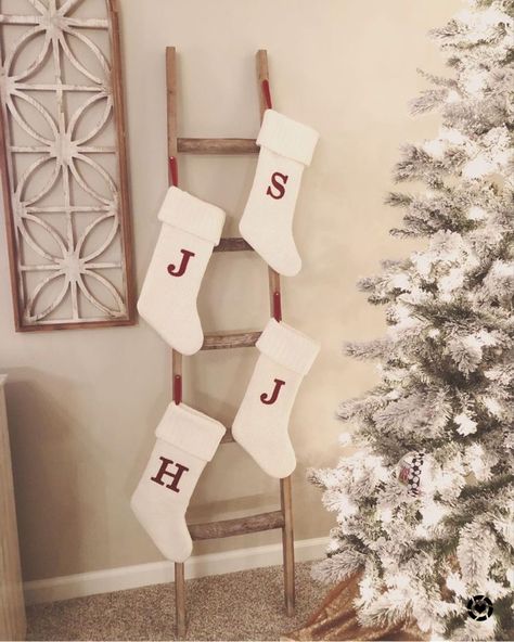 Ladder With Stockings Christmas, Stocking Ladder Christmas, Stockings On Wall, Ladder Wall Decor, Jojo Christmas, Walmart Christmas Trees, Christmas Design Ideas, Decor Ladder, Decorative Ladder