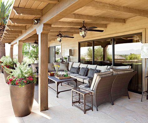 Covered Patios--Roofline Details The execution of a covered patio’s roof can do much to enhance its level of intimacy. Here, regular placement of beams -- their ends gently carved -- offer a soothing visual ceiling to the rustic-leaning spot. If your covered patio is on the same plane as another paved space or the landscape, use oversize planters -- here, hammered copper -- to create a transition from one zone to the next. Shed Inspiration, Deck Remodel, Outdoor Covered Patio, Patio Pergola, Pergola Ideas, Patio Covers, Pergola Design, Cozy Patio, Casa Country