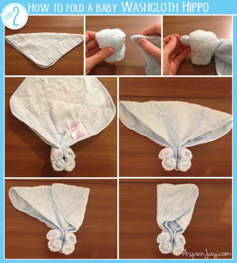 How to fold a Washcloth Hippo - Aspen Jay Wash Cloth Animals Diy, Towel Folding Ideas Animals, Hippo Towel Folding, How To Fold A Towel Into An Elephant, Elephant Towel Folding, Baby Washcloth Animals, Towel Origami, Washcloth Animals, Washcloth Crafts