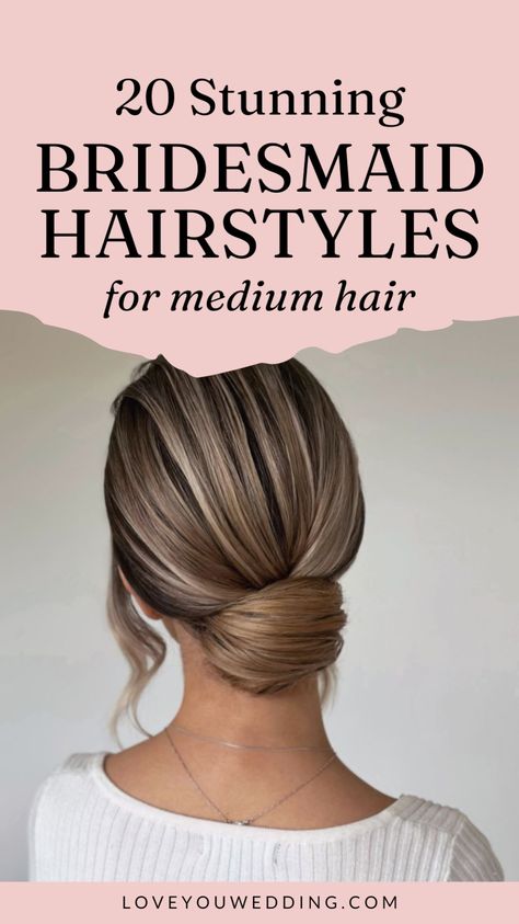 Need ideas for medium length bridesmaid hair? Check out our collection of 20 stunning bridesmaid hairstyles for medium length hair. Whether you want a wedding updo, hair down, boho bridal hair, or half-up half-down look, we've got you covered with the best wedding hairstyles for bridesmaids. Brown Hair Bridesmaid Hairstyles, Bridesmaid Hair Ideas Medium Length, Bridesmaid Hairstyles Updo Simple, Hairstyles For Oblong Faces, Medium Length Bridesmaid Hairstyles, Hairstyles For Bridesmaids, Faces Male, Bridesmaid Hairstyles Updo, Bridesmaid Hairstyles Medium Length