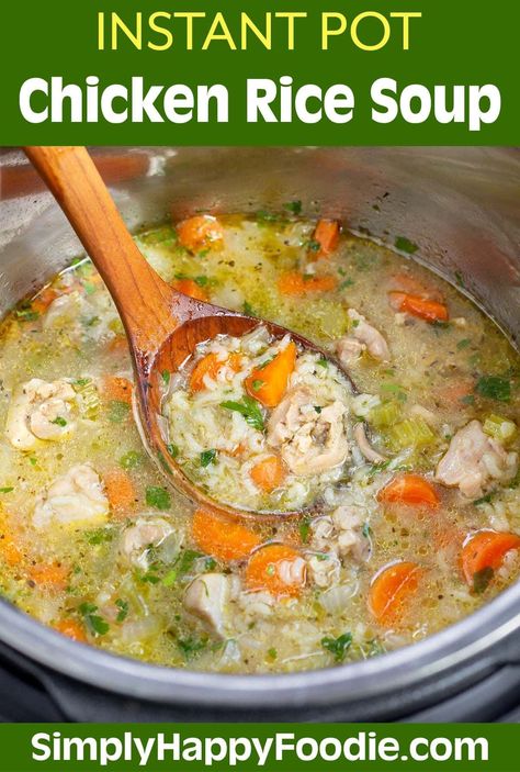 Instant Pot Chicken Rice Soup is delicious and nutritious, using simple ingredients like chicken and fresh vegetables, and tender rice. Pressure cooker Chicken and Rice Soup is easy to make. You will love how fast Instant Pot chicken and rice soup cooks! simplyhappyfoodie.com instapot chicken rice soup recipe, instant pot chicken soup with rice Chicken Rice Soup Instant Pot Recipes, Instant Pot Rice Soup Recipes, Instant Pot Chicken And Rice Soup Recipes, Instant Pot Chicken And Rice Soup Easy, Instant Pot Rice Soup, Chicken Soup With Rice Instant Pot, Instapot Chicken Rice Soup, Creamy Chicken Rice Soup Instant Pot, Chicken And Rice Insta Pot