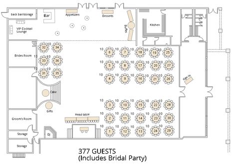 This floor plan seats 377 people. The head table is set for 16 individuals (8 bridesmaids and 8 groomsmen). There is also a sweetheart table for just the bride and groom. All the round tables have 10 guests seats each. Marriage Hall Plan Layout, Easy Love Drawings, Architecture Drawing Art, Head Table, Wedding Dinner, Sweetheart Table, Flower Art Painting, Dinner Table, Event Venues