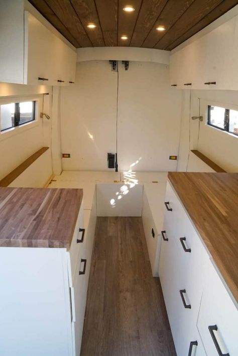 Camper Cabinets, Diy Camper Trailer, Birch Cabinets, Diy Campervan, Led Puck Lights, Light Wood Cabinets, Van Conversion Interior, Cabinet Fronts, Camper Van Conversion Diy