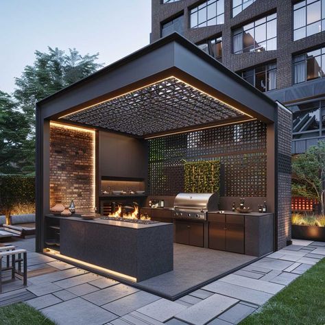 8+ Creative Brick BBQ Area Ideas for Timeless Outdoor Entertaining • 333k+ Inspiring Lifestyle Ideas Rooftop Barbeque Outdoor Spaces, Outside Barbecue Area Ideas, Modern Bbq Area Outdoor, Barbecue Area Design, Outside Bbq Area Ideas, Outdoor Bbq And Bar, Brick Bbq Area, Bbq Design Outdoor, Bbq Area Ideas Outdoor