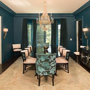 Ideas For Dining Room Space, Peacock Blue Living Room, Purple Dining Room Walls, Mint Dining Room, Peacock Dining Room, Blue Dining Room Walls, Dining Room Feature Wall, Peacock Curtains, Dining Room Teal