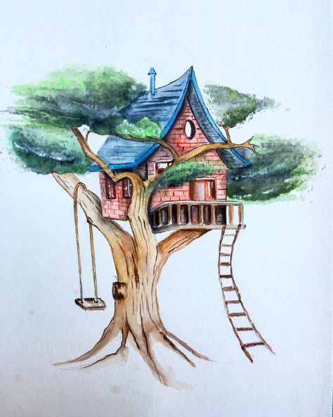 Tree House Drawing, Tree House Designs, House Drawing, Tree Drawing, Pencil Art Drawings, Art Drawings For Kids, Color Pencil Art, Art Drawings Sketches Simple, Cool Art Drawings