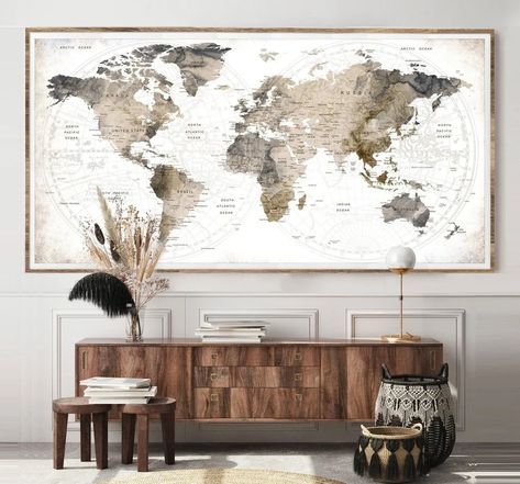 Places You've Been World Map Poster, Large Push Pin Travel Map, Room, Home Wall Decor, World Map Wall Art, Globe Art, Gifts for the Home F85 - Etsy Map Wall Decor Living Room, Map On Wall Ideas, Worldly Home Decor, World Map Pictures Wall, World Map Home Decor, World Map Wall Decor Living Room, Travel Aesthetic Home Decor, Large Wall Art Hallway, Travel Inspired Office