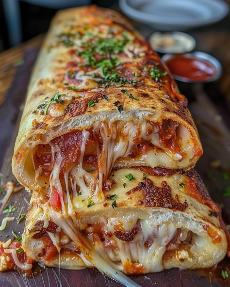 ITALIAN STROMBOLI 🇮🇹🥖 Ingredients: 1 lb pizza dough 1/2 cup marinara sauce 1 cup mozzarella cheese, shredded 1/2 cup provolone cheese, shredded 1/2 cup sliced pepperoni 1/2 cup sliced salami 1/4 cup sliced black olives 1/4 cup sliced bell peppers 1/4 cup sliced red onion 1 tsp dried oregano 1 tsp dried basil 1 egg, beaten 2 tbsp grated Parmesan cheese Directions: Step 1: Prepare the Dough Preheat your oven to 375°F (190°C). On a lightly floured surface, roll out ... Italian Stromboli, Pizza Salami, Sliced Salami, Dried Basil, Black Olives, Food Babe, Food Therapy, Provolone Cheese, Indian Curry