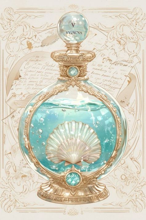 Potion Art Aesthetic, Anime Perfume, Mermaid Potion, Perfume Drawing, Fantasy Items, Perfume Art, Bottle Drawing, Magic Bottles, Perfume Bottle Design