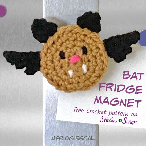 This little bat refrigerator magnet is trying hard to be spooky, but they're just too cute! Make your own sweet bat friend for your fridge or magnet board. They're great for gifting too, so you may want to make a whole colony! #Bat #magnet #fridgie #fridgemagnet #crochet #FridgiesCAL #StitchesnScraps #LionBrand #Xyron Fridge Magnets Ideas Creative, Magnet Board, Halloween Cross Stitch Patterns, Halloween Crochet Patterns, Crochet Beanie Pattern, Scary Halloween Decorations, Yarn Diy, Halloween Items, Pink Yarn