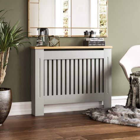 Vida Designs Arlington Radiator Cover Grey Modern Painted MDF Cabinet, Slats, Grill, Wood Top Shelf, Medium: Amazon.co.uk: Kitchen & Home Modern Radiator Cover, White Radiator Covers, Heating Radiator, Radiators Modern, Mdf Cabinets, Hallway Designs, Diy Plumbing, Hall Decor, Radiator Cover