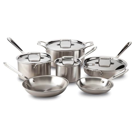 10 Piece Pots and Pans Set - D3 Everyday Stainless | All-Clad All Clad Cookware, Stainless Steel Cookware Set, Safest Cookware, Induction Oven, Kitchen Cookware Sets, Induction Cookware, Cookware Set Stainless Steel, Classic Kitchen, Pots And Pans Sets