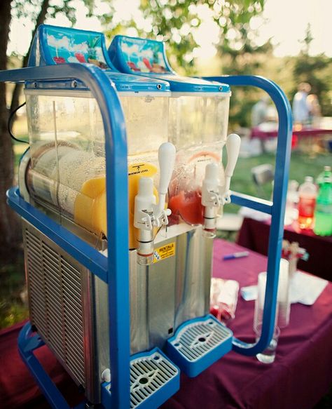 7-11 Slushy Bar  Having an outdoor event in the heat? There’s nothing like a cool and refreshing “Big Gulp” to pick you up on a hot day. Consider renting a slushy machine…trust us, your guests won’t be able to resist slurping these down. Slushy Machine, Frozen Summer, Food Bars, Reception Food, Wedding Reception Food, Food Stations, Wedding Countdown, Party Bars, Themed Events