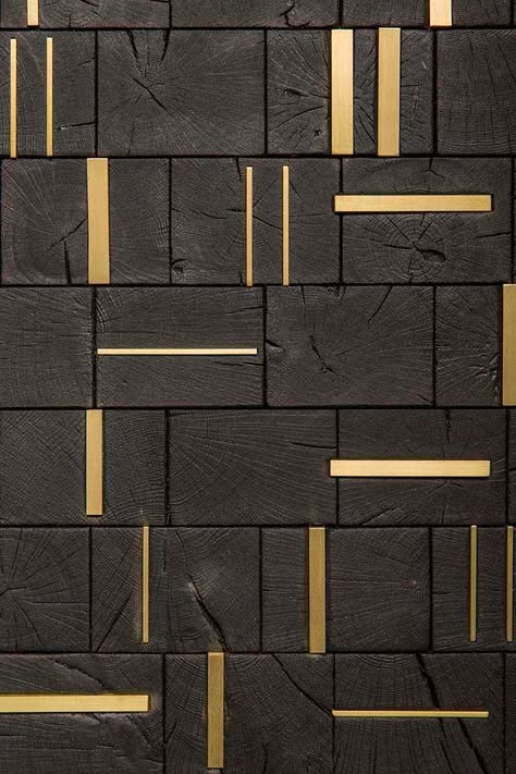 Amuneal's Charred Butcher Block with Brass Inlays is shown here as a wall hanging art piece. Fabricated from reclaimed white oak beams, the pieces from this series are brought to life by the combination of beautiful living materials and Amuneal’s patterns of inlaid burnished bronze. #bespoke #homedecorideas #interiordesign Ceiling Texture Types, Wallpaper Huawei, Wood Feature Wall, Texture Ideas, Texture Stone, Ceiling Texture, Wall Interior, Charred Wood, Texture Seamless