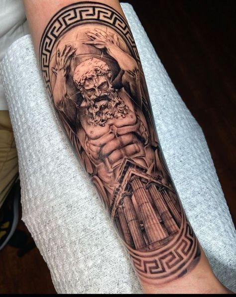 Ancient Greek Tattoo Sleeve, Roman Tattoo Sleeve, Greek Mythology Tattoos Forearm, Greek Forearm Tattoo, Roman Sleeve Tattoo, Ancient Greek Tattoo, Religious Tattoo Sleeves, Tattoo Perna, Greek God Tattoo