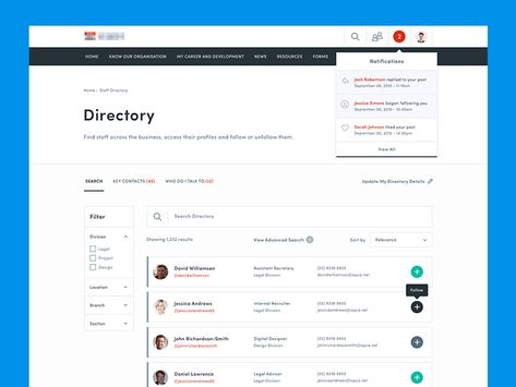 Directory page design, part of an intranet product I'm currently working on Listing Website Design, Employee Welcome Kit, Web Design Inspiration Portfolio, Staff Directory, App Inspiration, Directory Design, Dashboard Ui, App Design Inspiration, Business Partners